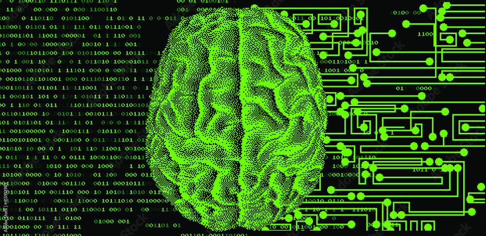 Poster Surreal futuristic composition with printed circuit board and brain on the dark background. Sci-fi vector illustration made in pixel art style.