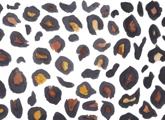 Watercolor leopard pattern. Isolated on white background. Animal skin in brown and black colors. 