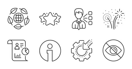 Star, Seo gear and Third party line icons set. Not looking, Report and Fireworks signs. Eco organic, Info symbols. Favorite, Cogwheel, Team leader. Business set. Quality line icons. Star badge. Vector