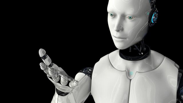 Artificial intelligence. Futuristic humanoid robot moves its head, eyes and scans, studies the movement of his hand. The camera moves away the robot. On a black background. 4K. 3d rendering.
