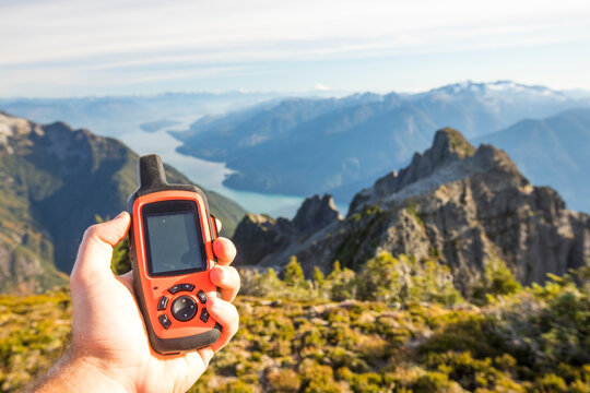 Hiker uses GPS device to navigate route, Douglas Peak, B.C.