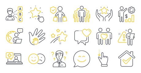 Set of People icons, such as Medical help, Like, Touchscreen gesture symbols. Opinion, Support consultant, Friends couple signs. Buyer insurance, Ranking, Employees wealth. Group, Heart. Vector