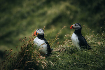Atlantic Puffin or Common Puffin, Fratercula arctica, in flight on Mykines, Faroe Islands