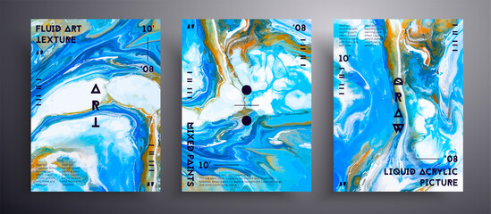 Abstract liquid poster, fluid art vector texture collection. Trendy background that can be used for design cover, poster, brochure and etc. Blue, white and orange unusual creative surface template © Mirror Flow