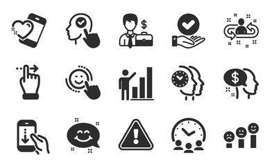 Meeting time, Businessman case and Customer satisfaction icons simple set. Recruitment, Touchscreen gesture and Heart signs. Time management, Approved checkbox and Select user symbols. Vector