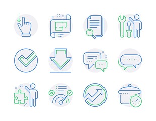 Technology icons set. Included icon as Architectural plan, Search file, Strategy signs. Verify, Correct answer, Touchscreen gesture symbols. Repairman, Downloading, Employees messenger. Vector