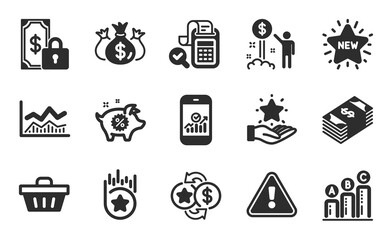 Smartphone statistics, Loyalty points and Loyalty program icons simple set. Private payment, Graph chart and Trade infochart signs. Check investment, Shopping basket and Piggy sale symbols. Vector