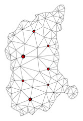 Fototapeta na wymiar Polygonal mesh lockdown map of Lubusz Province. Abstract mesh lines and locks form map of Lubusz Province. Vector wire frame 2D polygonal line network in black color with red locks.