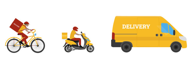Online order and food express delivery concept. Courier by truck, scooter, and bicycle. Delivery service concept. Flat design. Yellow and red colors. Stock vector illustration on isolated background.
