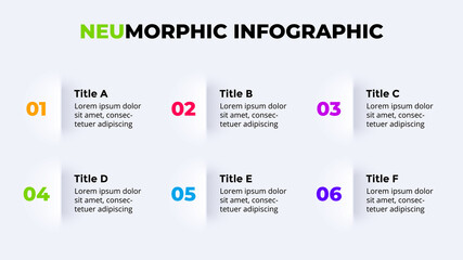 Neumorphic Vector Infographic. Presentation slide template. Neumorphism ui design. 6 options.