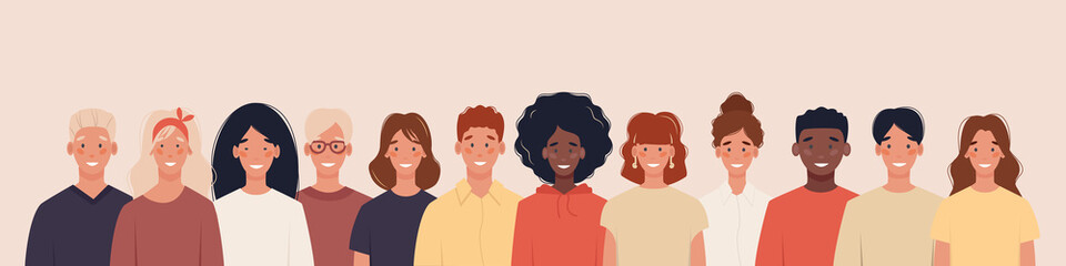 Multiethnic group of people of young different nationalities. Concept of human resources. Vector illustration in flat style