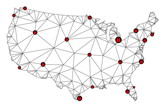 Polygonal mesh lockdown map of USA. Abstract mesh lines and locks form map of USA. Vector wire frame 2D polygonal line network in black color with red locks. Frame model for lockdown templates.