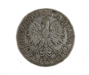 Vintage polish silver coin on white background