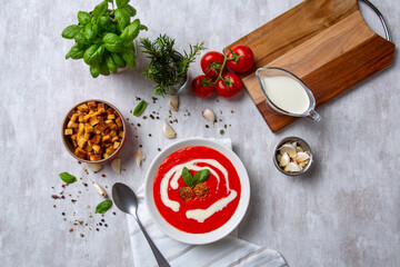Traditional tomato soup with basil. Served with cream tomato soup, garlic, crispy bread and fresh mint. Delicious table view