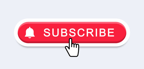 Subscribe button with hand cursor. Subscribe to video channel. Web button for promotion and marketing. Vector illustration.