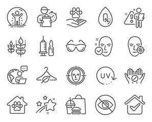 Healthcare icons set. Included icon as Pets care, Problem skin, Medical tablet signs. Uv protection, Pet shelter, Health skin symbols. Face detect, Slow fashion, Not looking. Eyeglasses. Vector