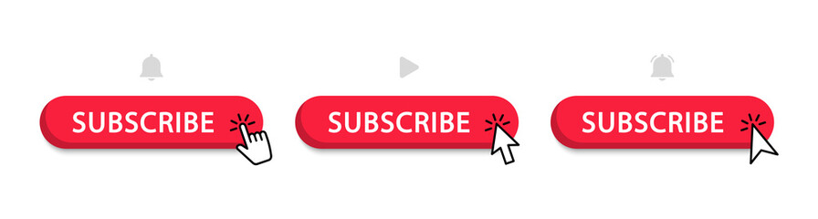 Subscribe button with cursor, bell and play button. Subscribe to video channel. Web button for promotion and marketing. Vector illustration.
