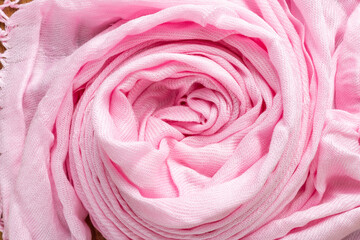 Crumpled linen cloth texture. Wrinkled textile. pink