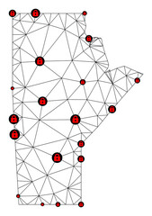 Polygonal mesh lockdown map of Manitoba Province. Abstract mesh lines and locks form map of Manitoba Province. Vector wire frame 2D polygonal line network in black color with red locks.