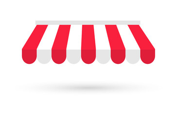 Striped awning. Red and white sunshade. Shelter for the store. Outdoor tent for shop, market and cafe. Vector illustration.