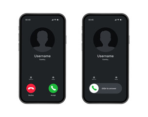 Phone call screen interface. Incoming call template on smartphone. Mobile phone display. Vector illustration. - obrazy, fototapety, plakaty