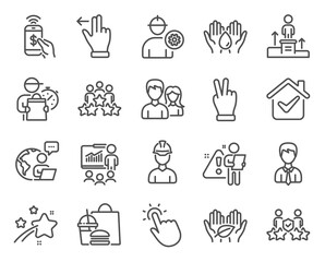 People icons set. Included icon as Fair trade, Foreman, Business meeting signs. Teamwork, Security agency, Businessman symbols. Phone payment, Touchscreen gesture, Touchpoint. Presentation. Vector