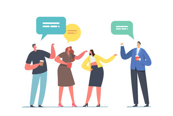 People Communicating with Speech Bubbles during Meetup Coffee Break. Young Men and Women Chatting to Each Other