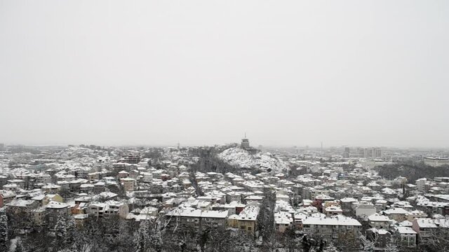 Snow in Plovdiv, Bulgaria, Danov hill, house of culture Boris Hristov