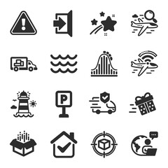 Set of Transportation icons, such as Parcel tracking, Search flight, Exit symbols. Present delivery, Lighthouse, Truck transport signs. Roller coaster, Airplane wifi, Parking. Open box. Vector
