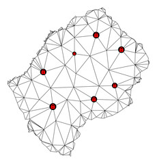 Polygonal mesh lockdown map of Lesotho. Abstract mesh lines and locks form map of Lesotho. Vector wire frame 2D polygonal line network in black color with red locks.