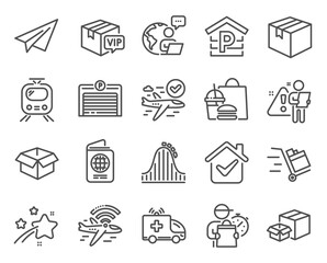 Transportation icons set. Included icon as Confirmed flight, Ambulance car, Parcel signs. Airplane wifi, Packing boxes, Paper plane symbols. Opened box, Push cart, Parking garage. Parking. Vector