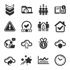 Set of Education icons, such as Cloud protection, Trade infochart, Approved symbols. Cloud upload, Rating stars, Partnership signs. Shoulder strap, Meeting, Time. Time management. Vector