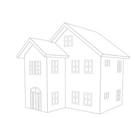 two story house outline, black and white 3d vector illustration
