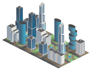 Megapolis vector illustration, shopping center, streets, cars, trees fountains, city park, offices, tower.