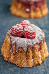 Close-up of a raspberry tea cake.