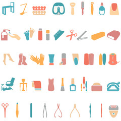 Manicure, pedicure tools and products color flat design vector illustration set