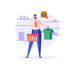 Man stands with a T-shirt and shopping cart, makes choice. Concept of online shopping, big choice, clothing store, internet trade, clothing business, fashion. Vector illustration in flat design