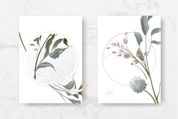 Wedding invitation frame set; flowers, leaves, watercolor, isolated on white. Minimal sketched wreath, floral, herbs garland with green, greenery color. Handdrawn Vector Watercolour style, nature art