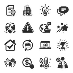 Set of Business icons, such as Stop shopping, Trophy, Thermometer symbols. Idea, Smile, Skyscraper buildings signs. Online statistics, Human resources, Buy currency. Safe water flat icons. Vector