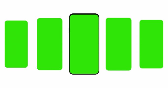Smartphone with blank green sliding app screens isolated on white background. Animation for showcasing mobile web-site design of more projects