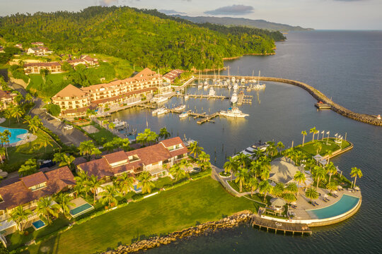 Aerial view of The Bannister yacht club with a small harbour at sunset, The Bannister, Dominican Republic.