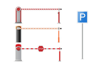 Set of closed parking car barrier gate with stop and park signs and forbidden entrance signs