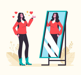 Narcissistic woman looking at mirror and fall in love herself. Vector graphic design abstract illustration