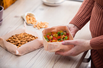 Snack or lunch to take away, wrapped in beeswax cloth