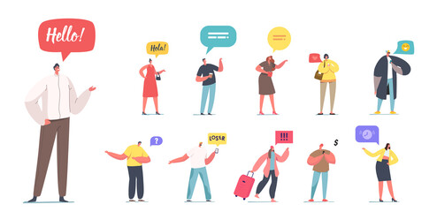 Set of People with Speak Banners. Male and Female Characters with Different Speech Bubbles or Clouds Hola, Looser © Pavlo Syvak