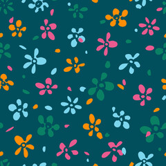 Obraz premium Multicolor random placed abstract vector flowers seamless pattern cropped with green background.