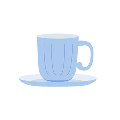 Tea cup with saucer, delicate blue kitchen porcelain, breakfast tableware, cozy home eco-friendly concept, hand drawn vector illustration