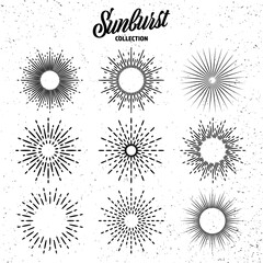 Fototapeta na wymiar Vintage grunge sunburst collection. Bursting sun rays. Fireworks. Logotype or lettering design element. Radial sunset beams. Vector illustration.