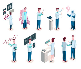 Medicine researchers isometric. Medicine, doctor, laboratory research and pharmacy industry isolated icons. Bundle of isometric elements. Isometric vector illustration kit with people characters