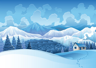 Winter mountains snowy landscape with pines forest and hills on background. Vector drawing of snow-covered field on which stands the house and traces of walking to it. Horizontal nature scene